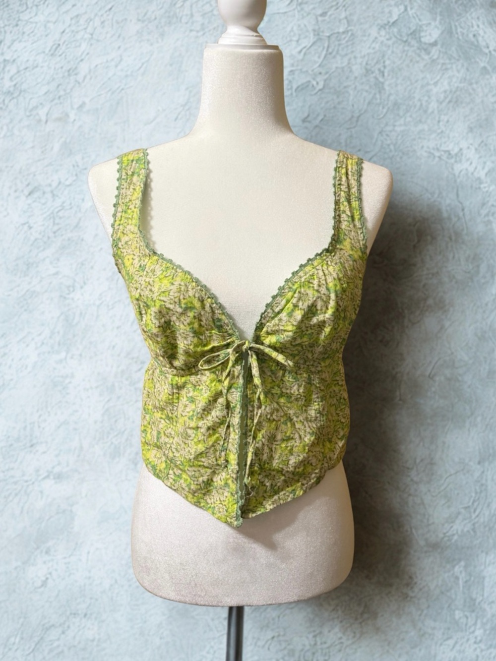 American Eagle Green Floral Smocked Tie-Front Top with Crochet Trim